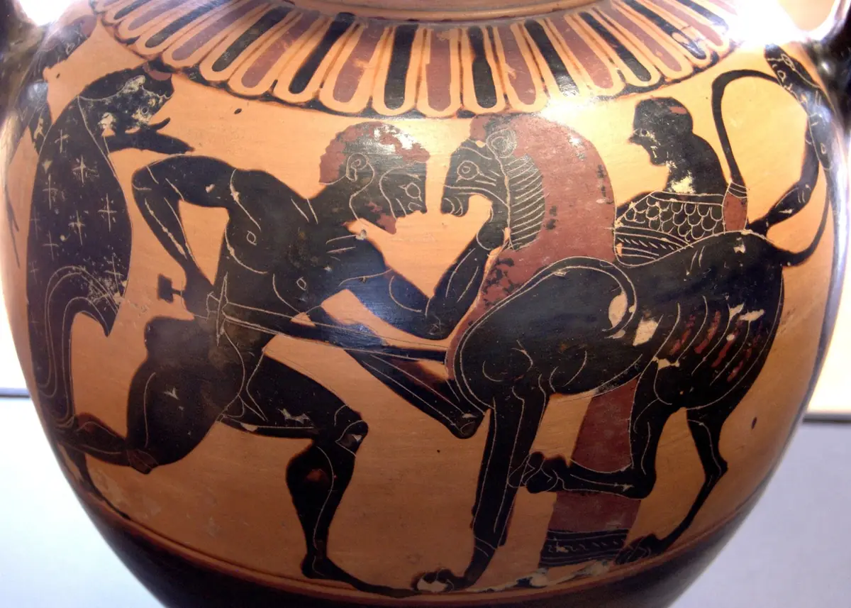 Herakles wrestling the Nemean lion, on a black-figure Athenian vase